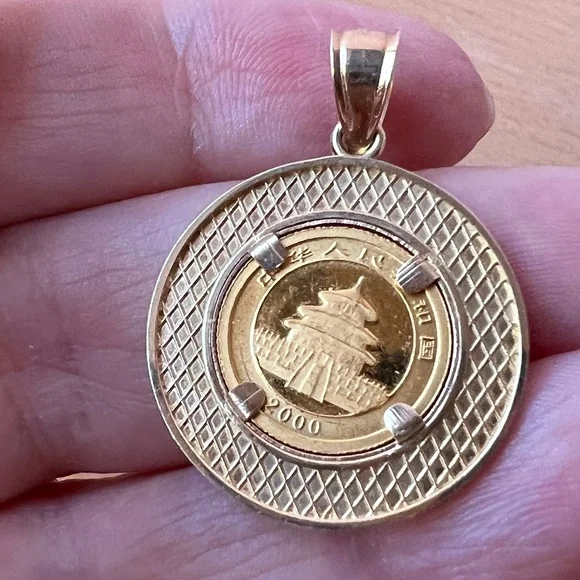 14K BEZEL SET PENDANT PANDA COIN 2000 1/20oz 5 YUAN FROSTED .999 FINE GOLD
